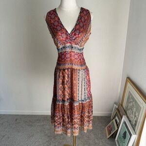 Vintage I.C.E. Silk Beaded Midi Dress Size 10 Sleeveless Paisley Multicolor Red